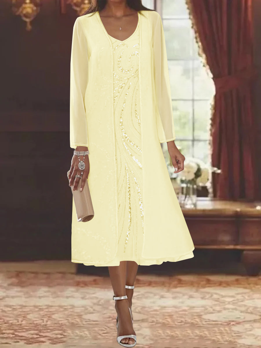 Sheath/Column V-Neck Long Sleeves Tea-Length Mother of the Bride Dresses with Jacket & Sequins