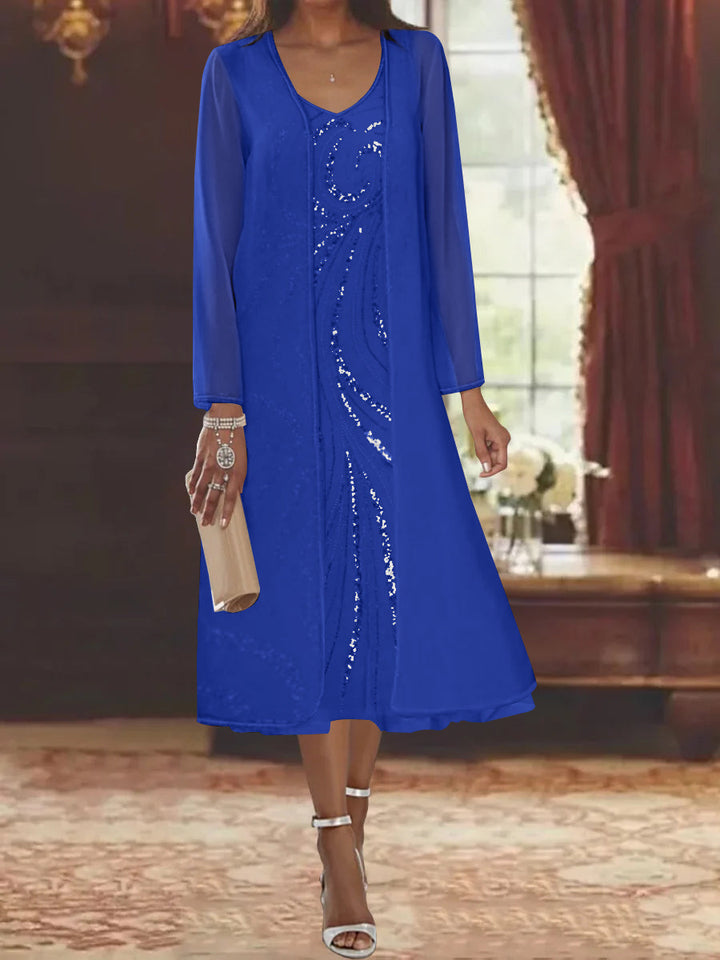 Sheath/Column V-Neck Long Sleeves Tea-Length Mother of the Bride Dresses with Jacket & Sequins