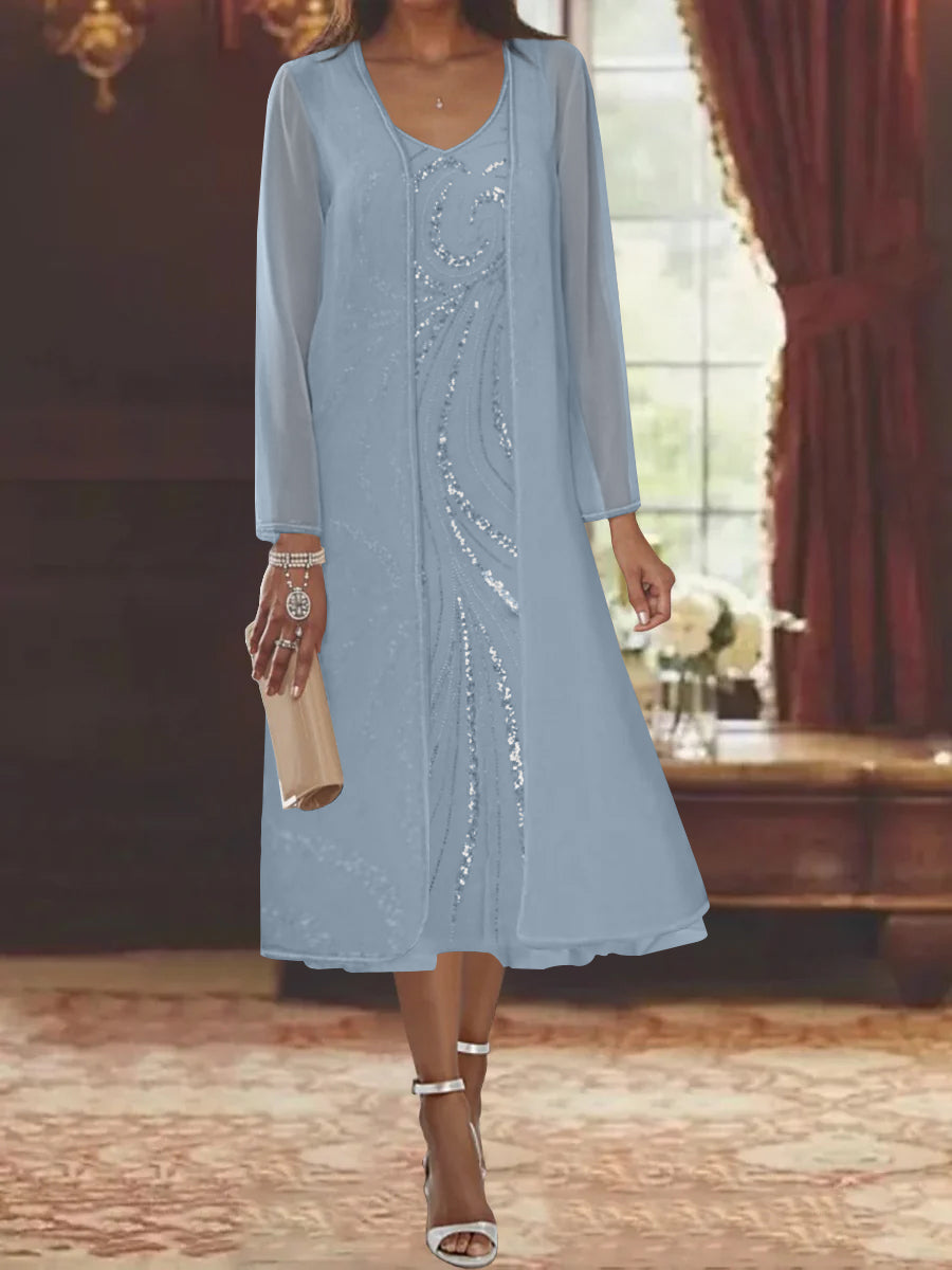 Sheath/Column V-Neck Long Sleeves Tea-Length Mother of the Bride Dresses with Jacket & Sequins