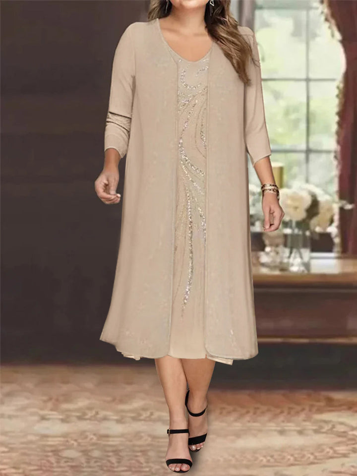 Sheath/Column V-Neck Long Sleeves Tea-Length Mother of the Bride Dresses with Jacket & Sequins