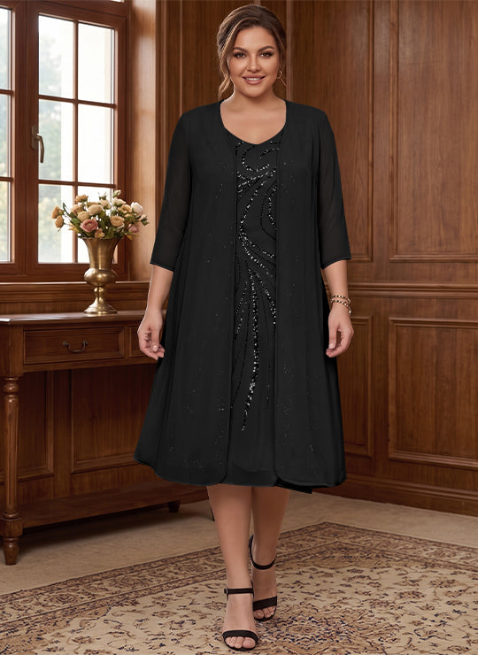 Sheath/Column V-Neck Long Sleeves Tea-Length Plus Size Mother of the Bride Dresses with Jacket &amp; Sequins