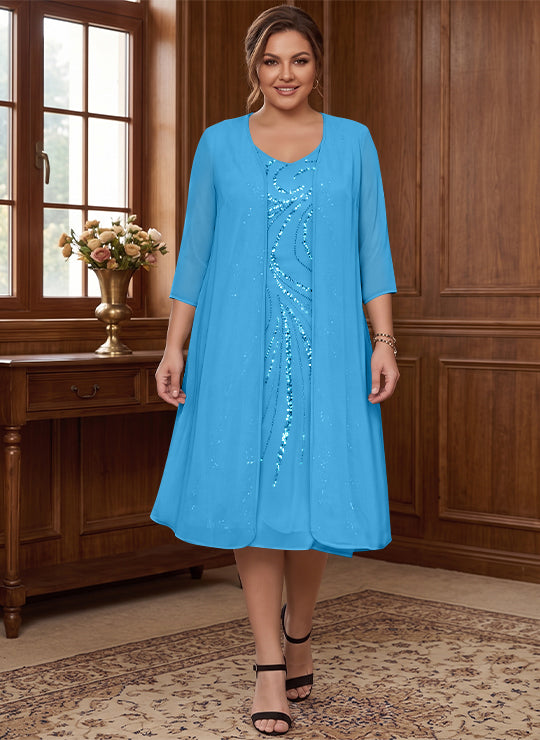 Sheath/Column V-Neck Long Sleeves Tea-Length Plus Size Mother of the Bride Dresses with Jacket &amp; Sequins