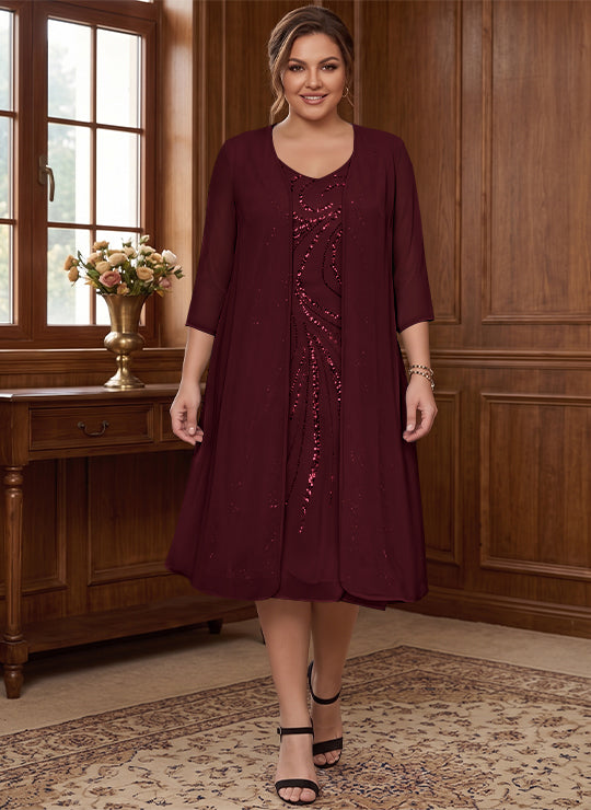 Sheath/Column V-Neck Long Sleeves Tea-Length Plus Size Mother of the Bride Dresses with Jacket &amp; Sequins