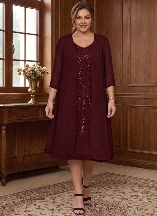 Sheath/Column V-Neck Long Sleeves Tea-Length Plus Size Mother of the Bride Dresses with Jacket &amp; Sequins