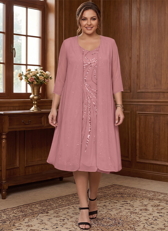 Sheath/Column V-Neck Long Sleeves Tea-Length Plus Size Mother of the Bride Dresses with Jacket &amp; Sequins