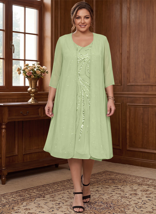 Sheath/Column V-Neck Long Sleeves Tea-Length Plus Size Mother of the Bride Dresses with Jacket &amp; Sequins