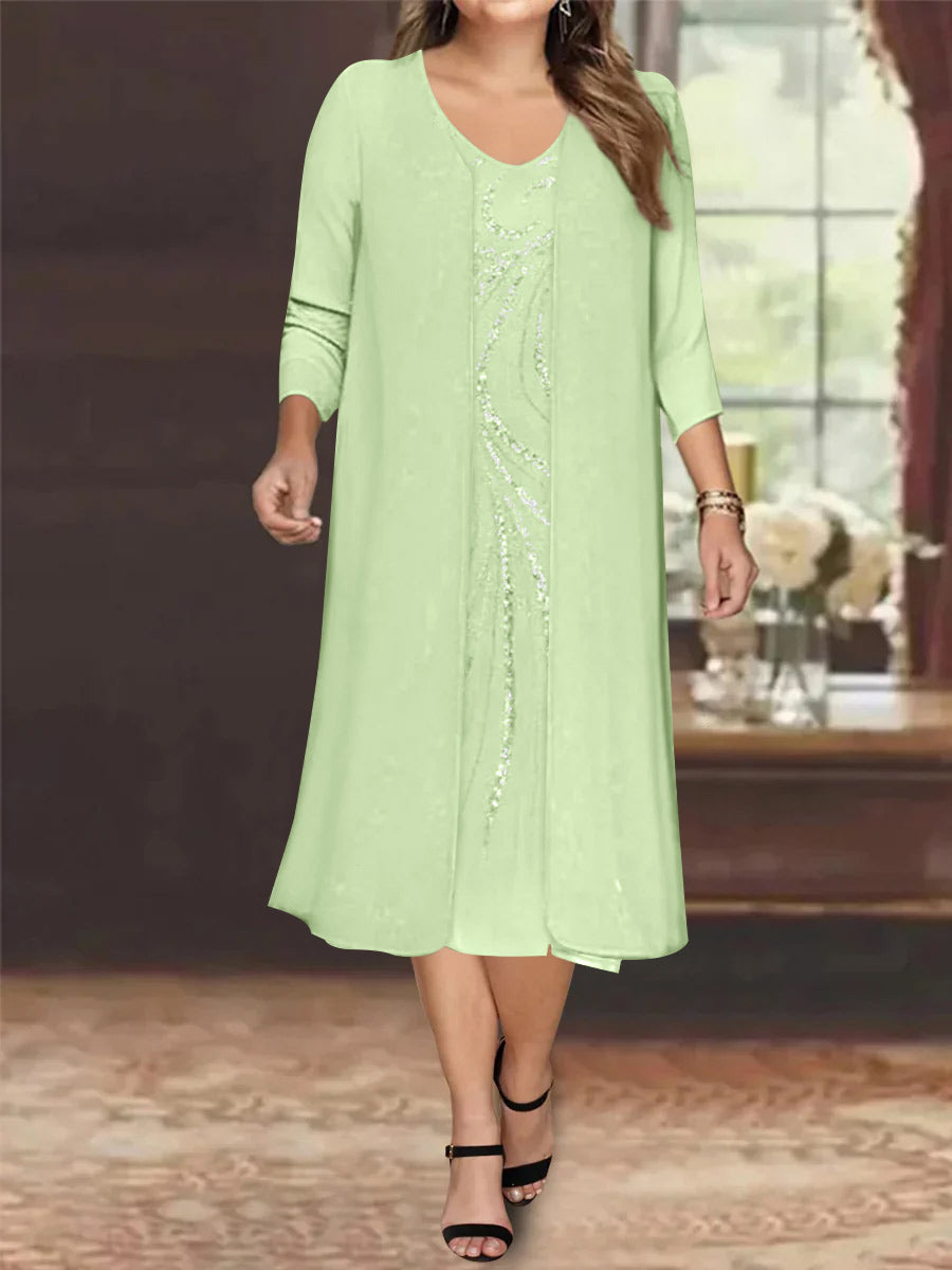 Sheath/Column V-Neck Long Sleeves Tea-Length Plus Size Mother of the Bride Dresses with Jacket & Sequins