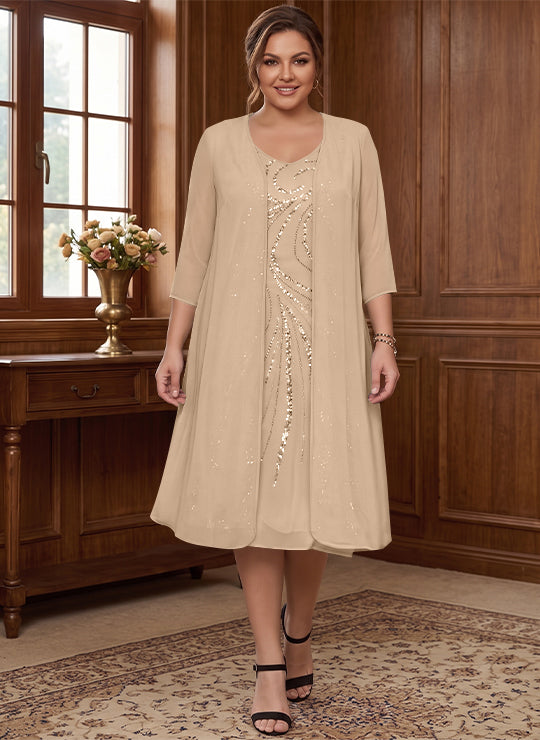 Sheath/Column V-Neck Long Sleeves Tea-Length Plus Size Mother of the Bride Dresses with Jacket &amp; Sequins