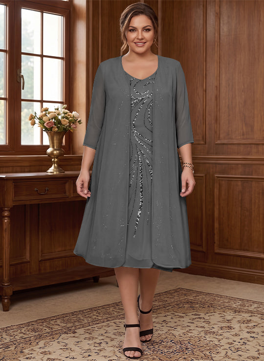 Sheath/Column V-Neck Long Sleeves Tea-Length Plus Size Mother of the Bride Dresses with Jacket &amp; Sequins