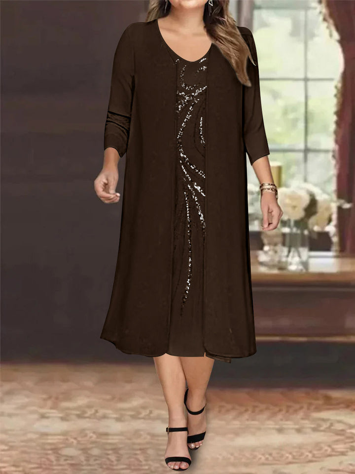 Sheath/Column V-Neck Long Sleeves Tea-Length Plus Size Mother of the Bride Dresses with Jacket & Sequins