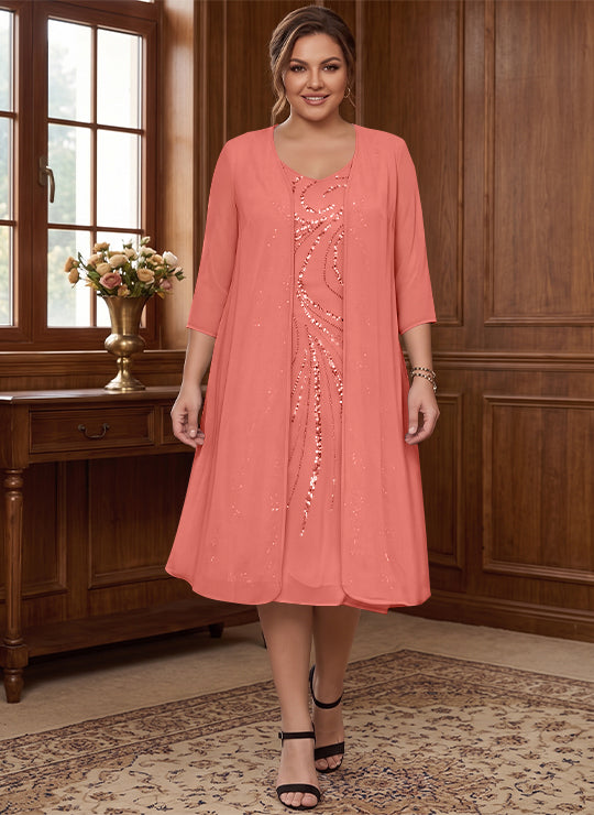 Sheath/Column V-Neck Long Sleeves Tea-Length Plus Size Mother of the Bride Dresses with Jacket &amp; Sequins
