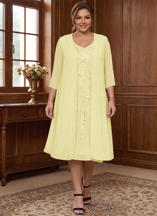 Sheath/Column V-Neck Long Sleeves Tea-Length Plus Size Mother of the Bride Dresses with Jacket &amp; Sequins