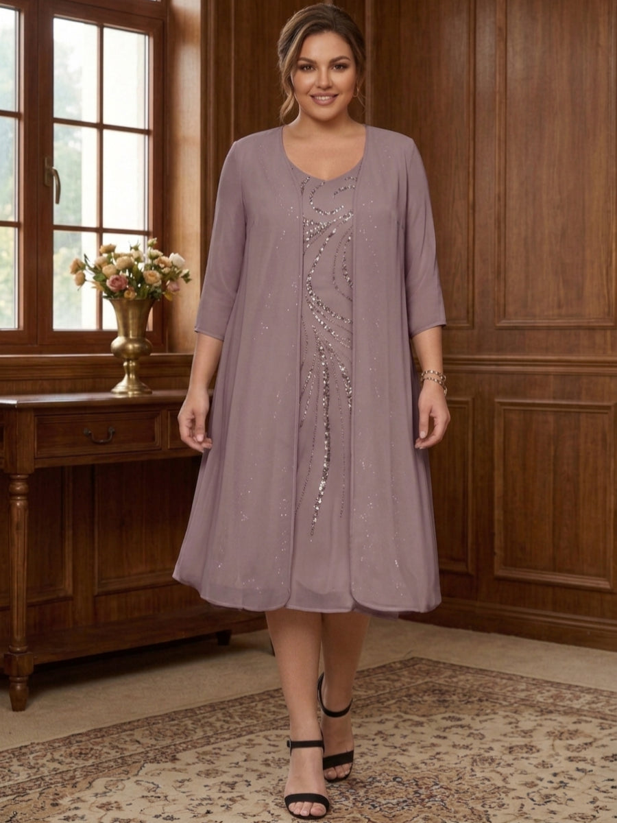 Sheath/Column V-Neck Long Sleeves Tea-Length Plus Size Mother of the Bride Dresses with Jacket &amp; Sequins
