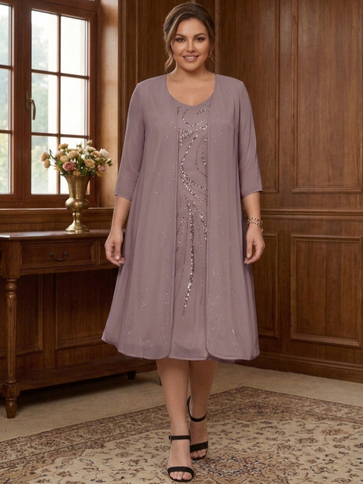 Sheath/Column V-Neck Long Sleeves Tea-Length Plus Size Mother of the Bride Dresses with Jacket &amp; Sequins