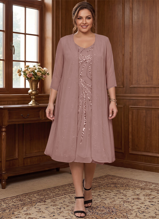 Sheath/Column V-Neck Long Sleeves Tea-Length Plus Size Mother of the Bride Dresses with Jacket &amp; Sequins