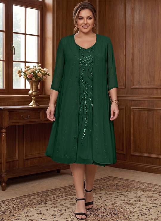 Sheath/Column V-Neck Long Sleeves Tea-Length Plus Size Mother of the Bride Dresses with Jacket &amp; Sequins