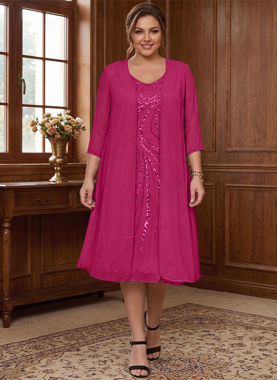 Sheath/Column V-Neck Long Sleeves Tea-Length Plus Size Mother of the Bride Dresses with Jacket &amp; Sequins