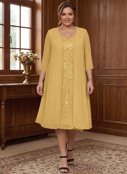 Sheath/Column V-Neck Long Sleeves Tea-Length Plus Size Mother of the Bride Dresses with Jacket &amp; Sequins