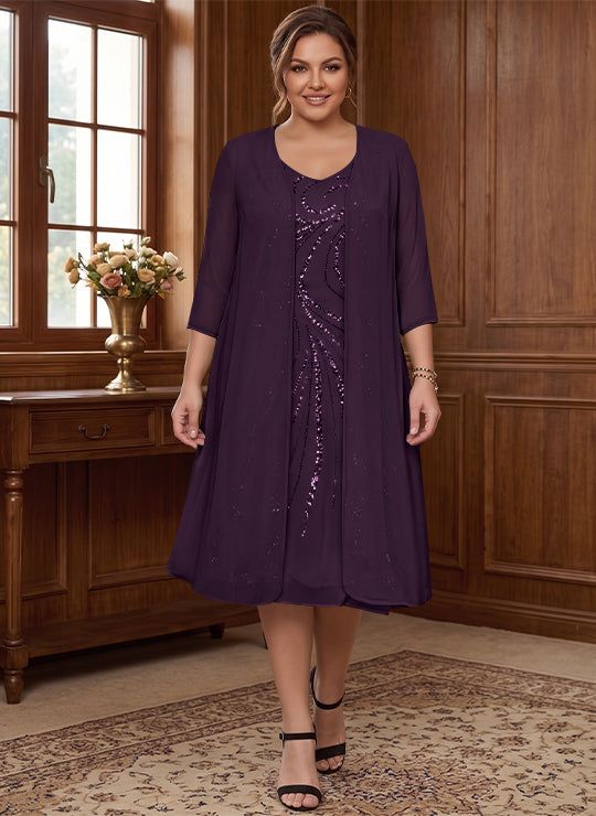 Sheath/Column V-Neck Long Sleeves Tea-Length Plus Size Mother of the Bride Dresses with Jacket &amp; Sequins