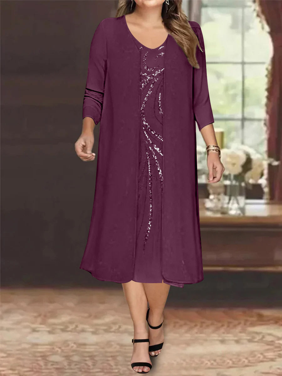 Sheath/Column V-Neck Long Sleeves Tea-Length Plus Size Mother of the Bride Dresses with Jacket & Sequins