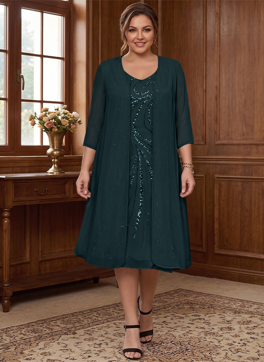 Sheath/Column V-Neck Long Sleeves Tea-Length Plus Size Mother of the Bride Dresses with Jacket &amp; Sequins
