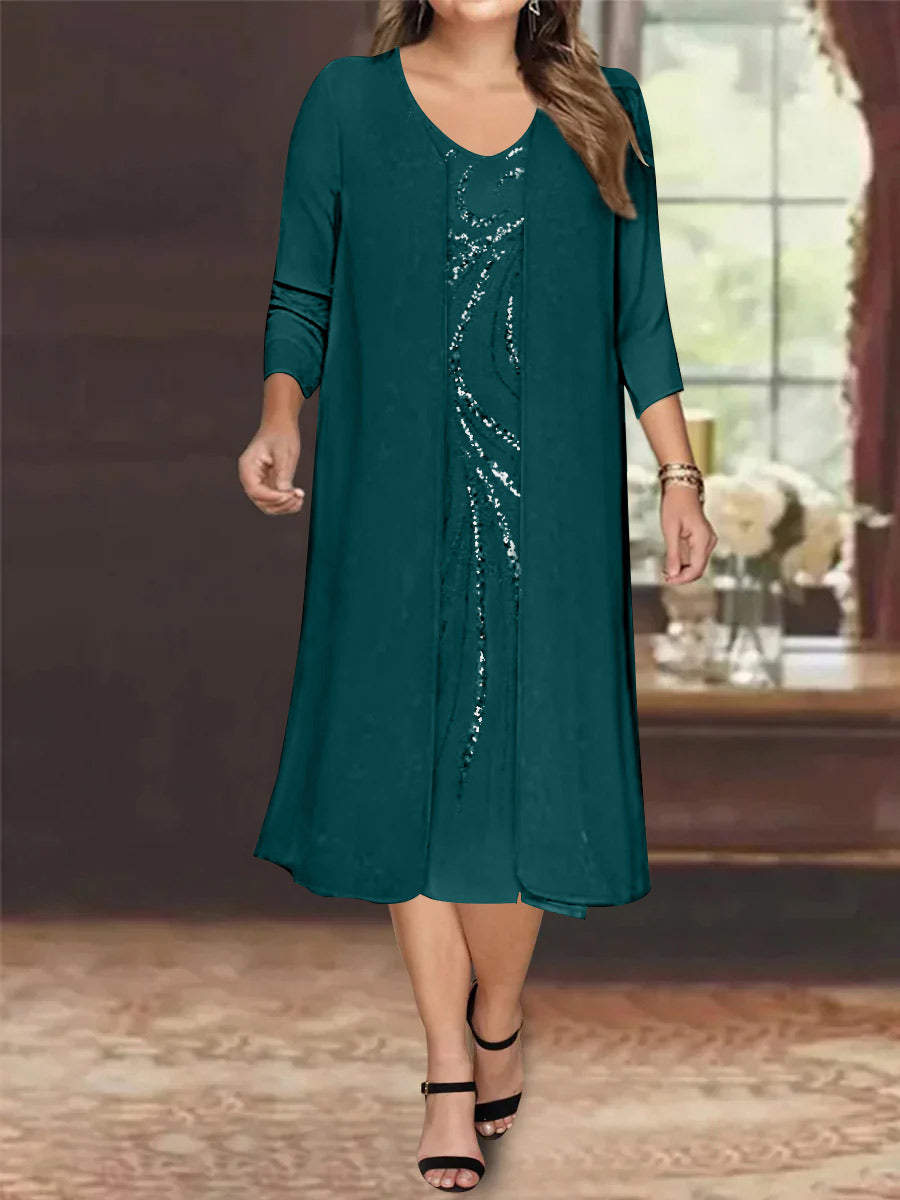 Sheath/Column V-Neck Long Sleeves Tea-Length Plus Size Mother of the Bride Dresses with Jacket & Sequins