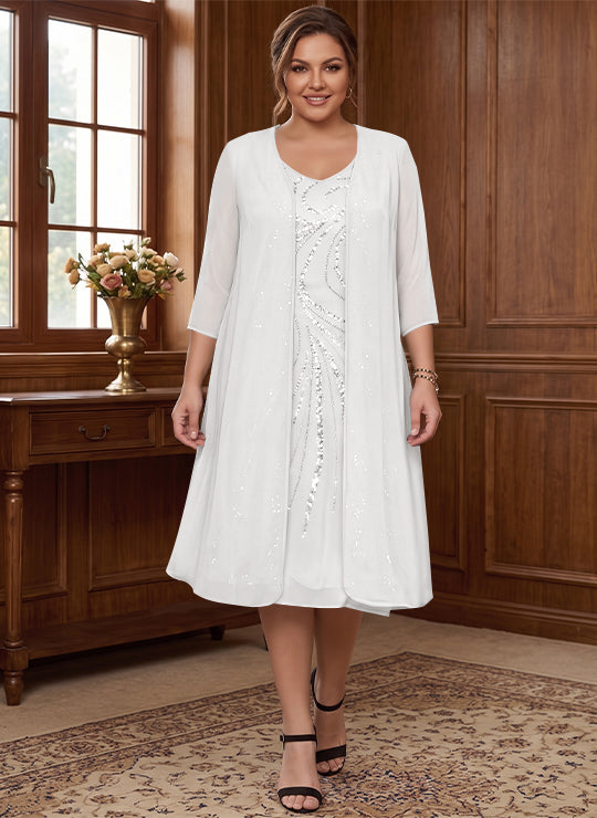 Sheath/Column V-Neck Long Sleeves Tea-Length Plus Size Mother of the Bride Dresses with Jacket &amp; Sequins