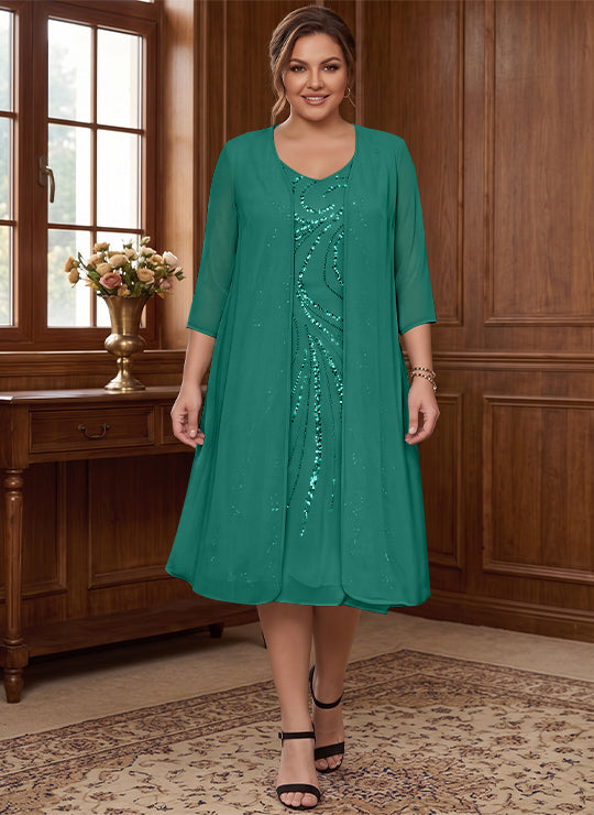 Sheath/Column V-Neck Long Sleeves Tea-Length Plus Size Mother of the Bride Dresses with Jacket &amp; Sequins