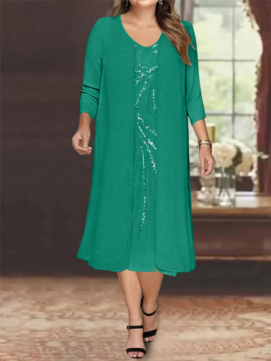 Sheath/Column V-Neck Long Sleeves Tea-Length Plus Size Mother of the Bride Dresses with Jacket & Sequins