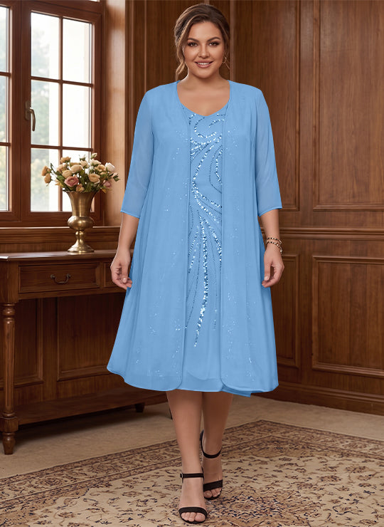 Sheath/Column V-Neck Long Sleeves Tea-Length Plus Size Mother of the Bride Dresses with Jacket &amp; Sequins