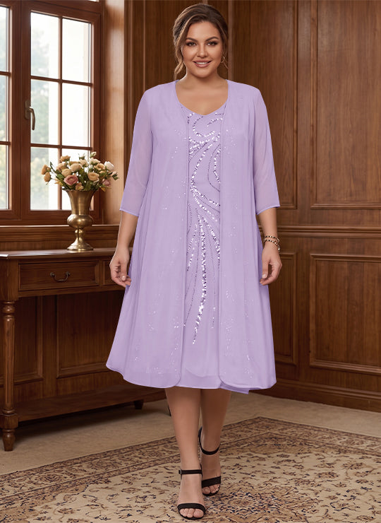 Sheath/Column V-Neck Long Sleeves Tea-Length Plus Size Mother of the Bride Dresses with Jacket &amp; Sequins