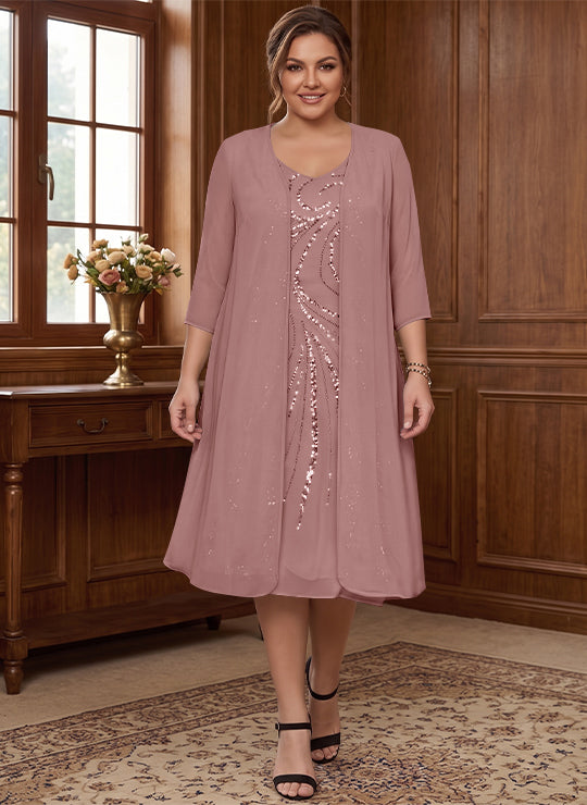 Sheath/Column V-Neck Long Sleeves Tea-Length Plus Size Mother of the Bride Dresses with Jacket &amp; Sequins