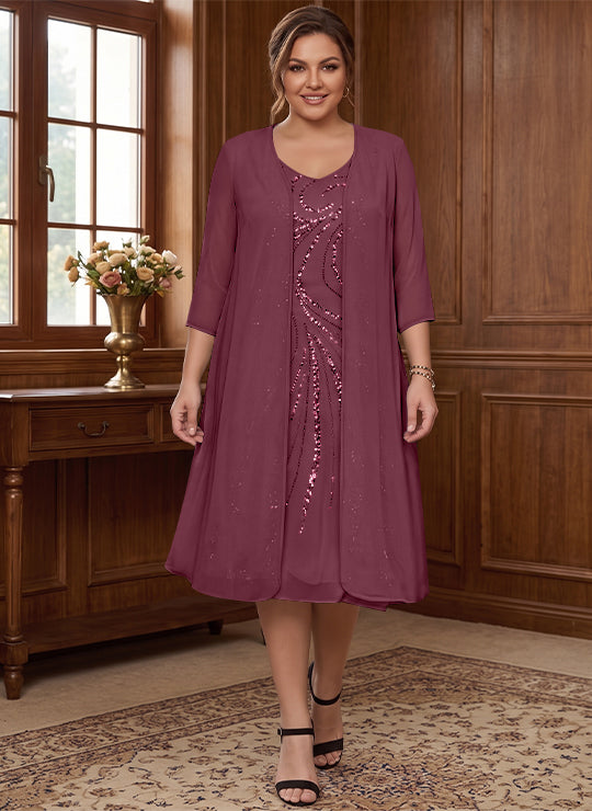Sheath/Column V-Neck Long Sleeves Tea-Length Plus Size Mother of the Bride Dresses with Jacket &amp; Sequins