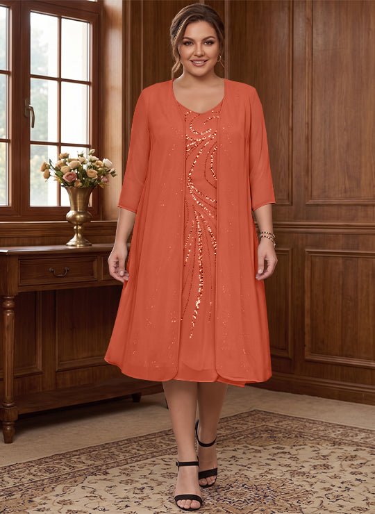 Sheath/Column V-Neck Long Sleeves Tea-Length Plus Size Mother of the Bride Dresses with Jacket &amp; Sequins