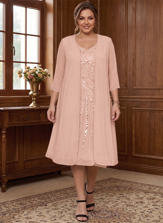 Sheath/Column V-Neck Long Sleeves Tea-Length Plus Size Mother of the Bride Dresses with Jacket &amp; Sequins