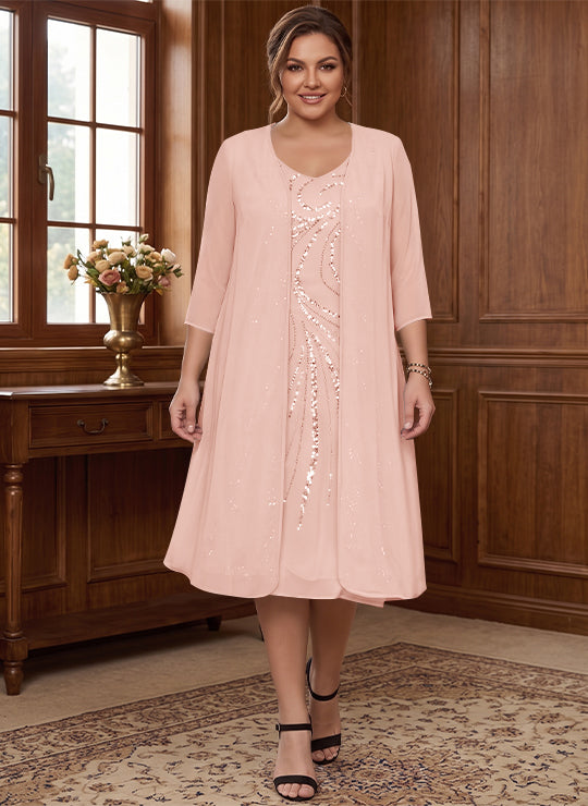 Sheath/Column V-Neck Long Sleeves Tea-Length Plus Size Mother of the Bride Dresses with Jacket &amp; Sequins