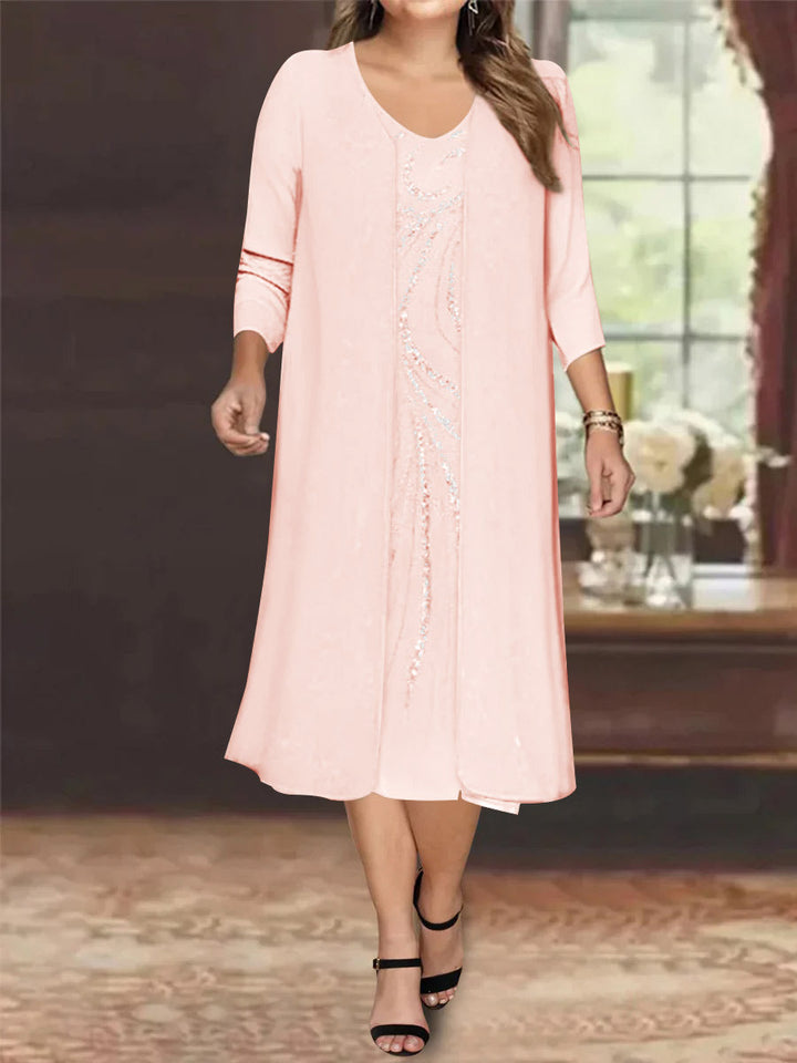 Sheath/Column V-Neck Long Sleeves Tea-Length Plus Size Mother of the Bride Dresses with Jacket & Sequins