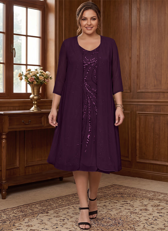 Sheath/Column V-Neck Long Sleeves Tea-Length Plus Size Mother of the Bride Dresses with Jacket &amp; Sequins