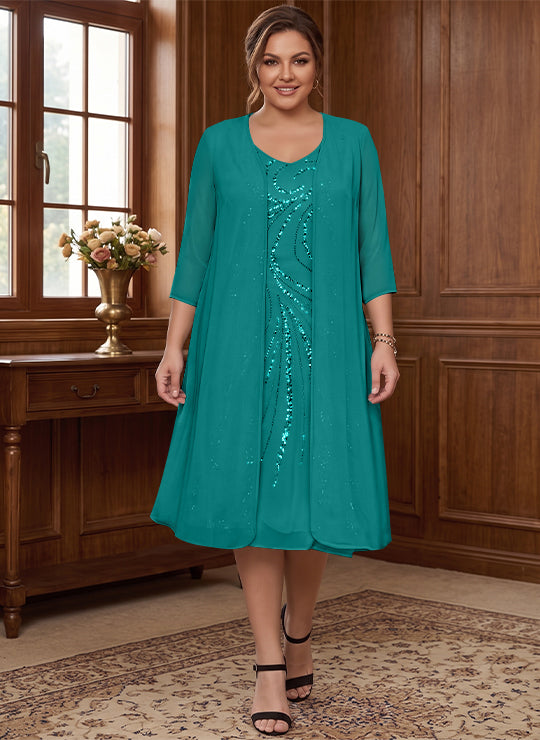 Sheath/Column V-Neck Long Sleeves Tea-Length Plus Size Mother of the Bride Dresses with Jacket &amp; Sequins