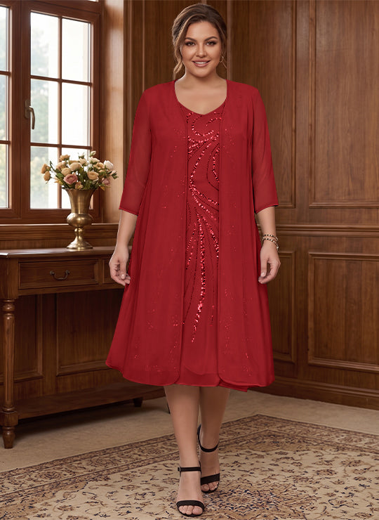 Sheath/Column V-Neck Long Sleeves Tea-Length Plus Size Mother of the Bride Dresses with Jacket &amp; Sequins