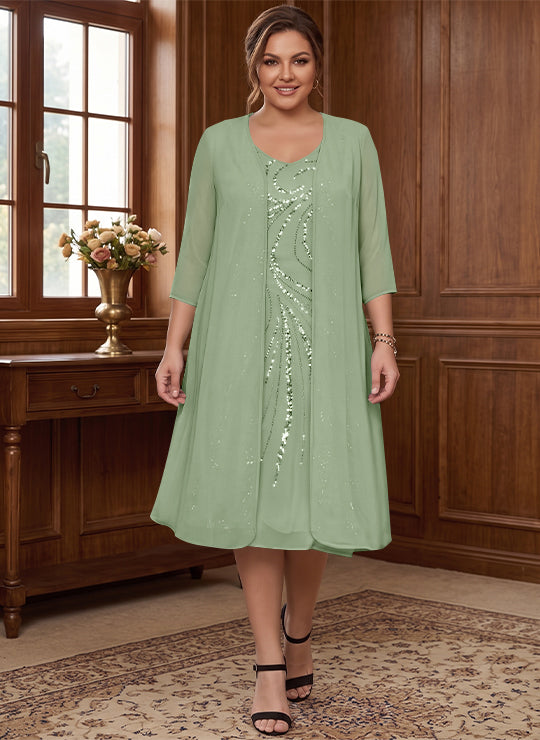 Sheath/Column V-Neck Long Sleeves Tea-Length Plus Size Mother of the Bride Dresses with Jacket &amp; Sequins