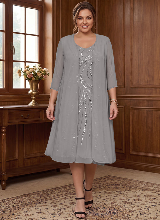 Sheath/Column V-Neck Long Sleeves Tea-Length Plus Size Mother of the Bride Dresses with Jacket &amp; Sequins