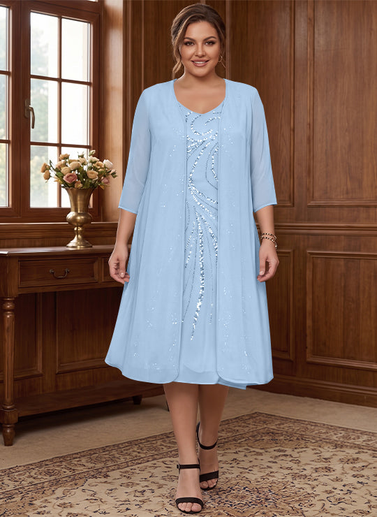 Sheath/Column V-Neck Long Sleeves Tea-Length Plus Size Mother of the Bride Dresses with Jacket &amp; Sequins