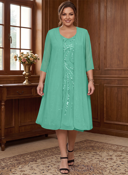 Sheath/Column V-Neck Long Sleeves Tea-Length Plus Size Mother of the Bride Dresses with Jacket &amp; Sequins