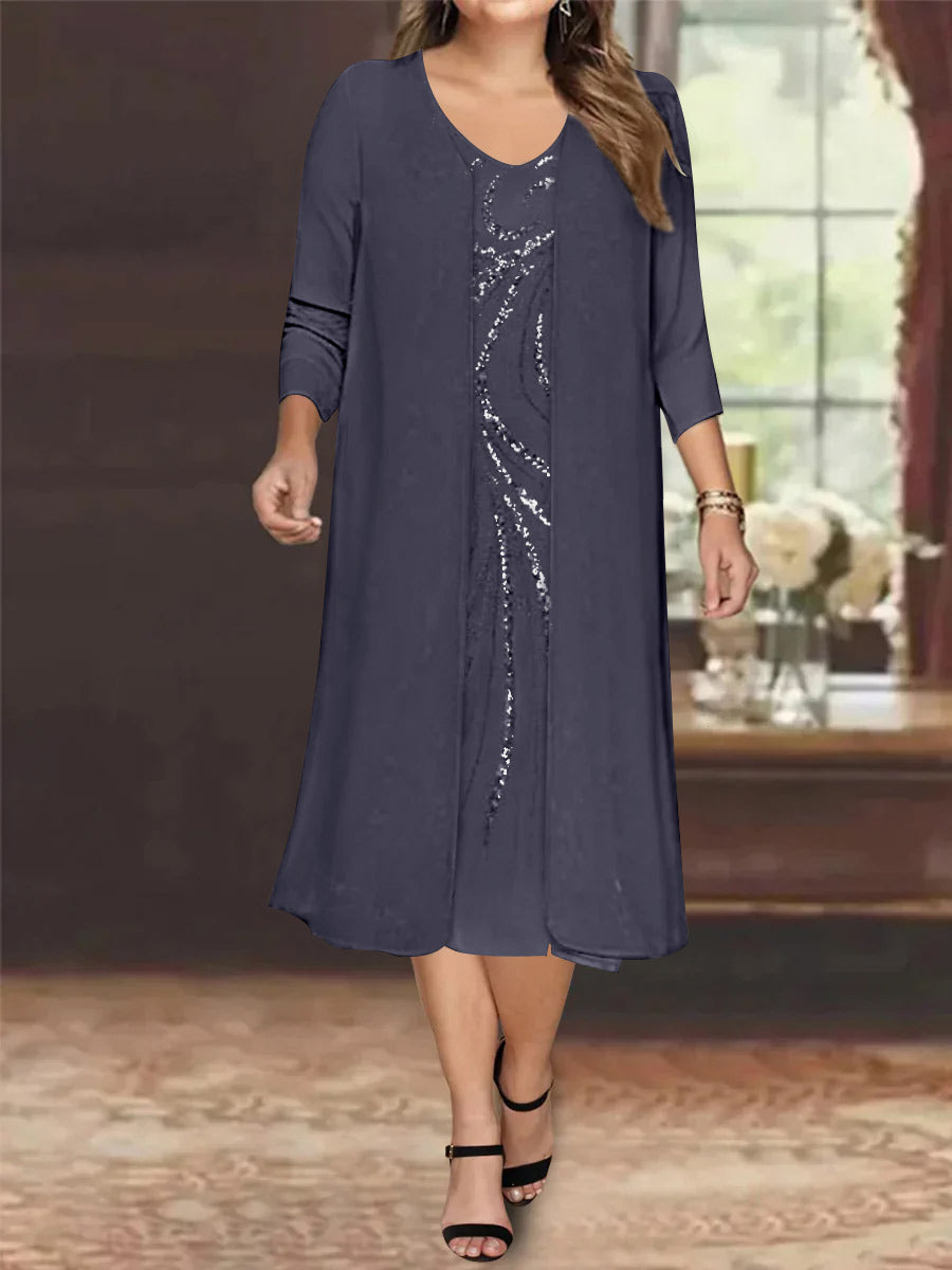 Sheath/Column V-Neck Long Sleeves Tea-Length Plus Size Mother of the Bride Dresses with Jacket & Sequins