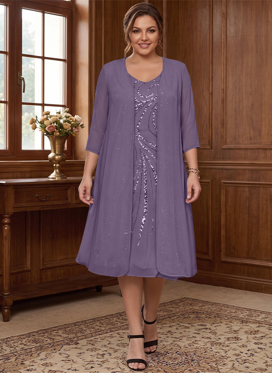 Sheath/Column V-Neck Long Sleeves Tea-Length Plus Size Mother of the Bride Dresses with Jacket &amp; Sequins