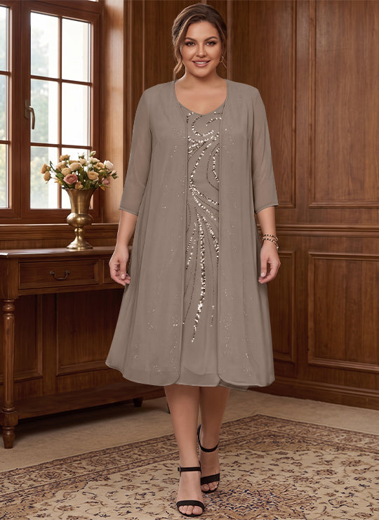 Sheath/Column V-Neck Long Sleeves Tea-Length Plus Size Mother of the Bride Dresses with Jacket &amp; Sequins