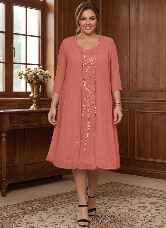 Sheath/Column V-Neck Long Sleeves Tea-Length Plus Size Mother of the Bride Dresses with Jacket &amp; Sequins