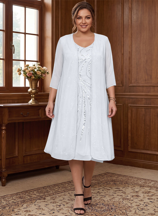 Sheath/Column V-Neck Long Sleeves Tea-Length Plus Size Mother of the Bride Dresses with Jacket &amp; Sequins