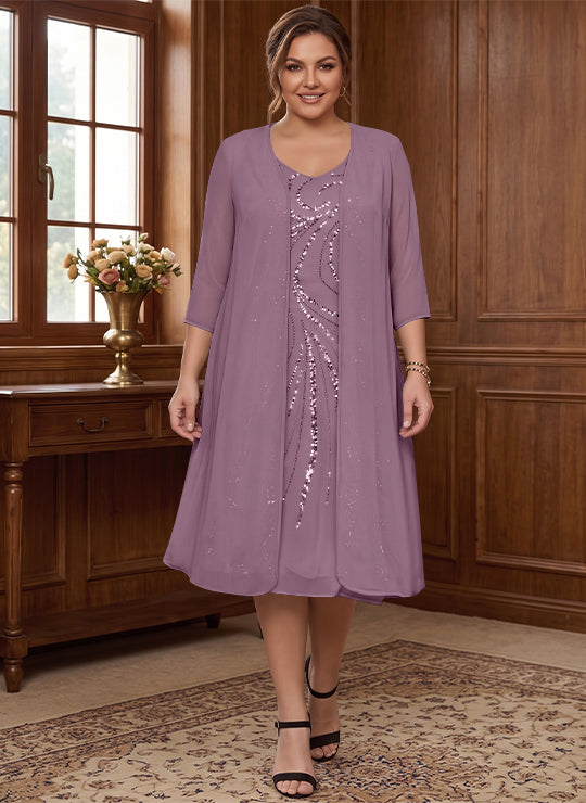 Sheath/Column V-Neck Long Sleeves Tea-Length Plus Size Mother of the Bride Dresses with Jacket &amp; Sequins